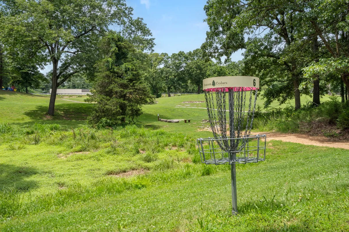 A disc golf basket stands in a well-maintained grassy field surrounded by trees. The space is open and inviting, perfect for a friendly family match or a leisurely walk in nature.